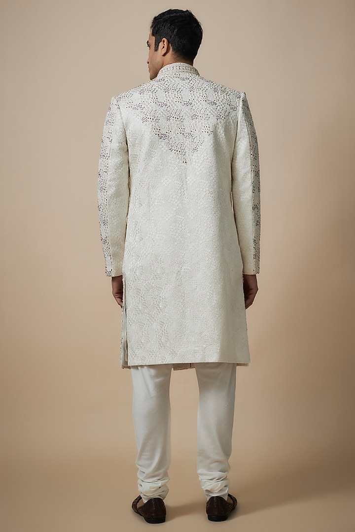 White Lucknowi Cutdana Embroidered Wedding Sherwani Set by Nero By Shaifali & Satya at Pernia's Pop Up Shop