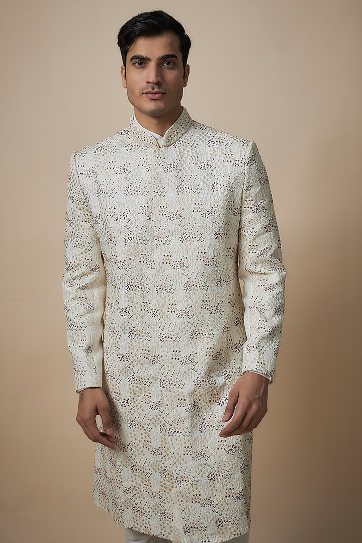 White Lucknowi Cutdana Embroidered Wedding Sherwani Set by Nero By Shaifali & Satya at Pernia's Pop Up Shop