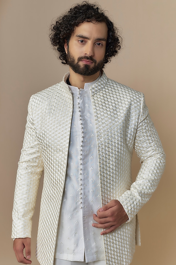 Ivory Lucknowi Thread Work Open Wedding Indowestern Set by Nero By Shaifali & Satya at Pernia's Pop Up Shop