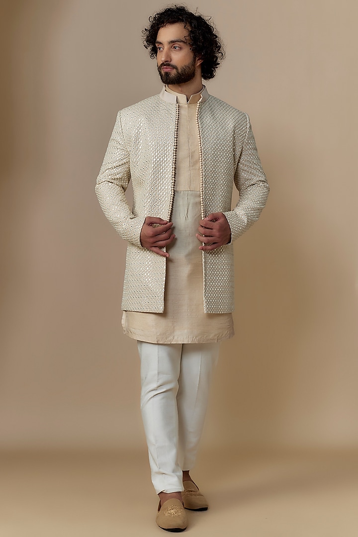 Beige Silk Mirror Work Open Indowestern Set by Nero By Shaifali & Satya