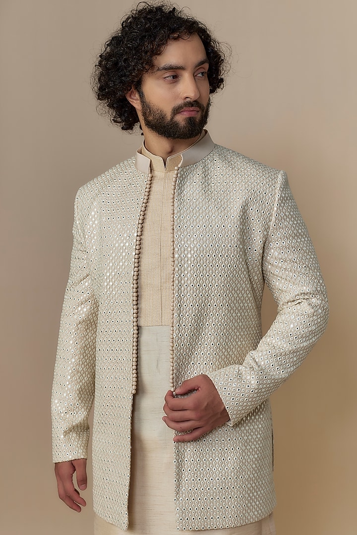Beige Silk Mirror Work Open Wedding Indowestern Set by Nero By Shaifali & Satya at Pernia's Pop Up Shop