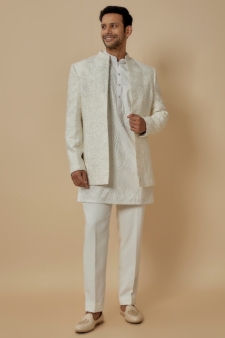 White Silk Thread Work Indowestern Set by Nero By Shaifali & Satya at Pernia's Pop Up Shop