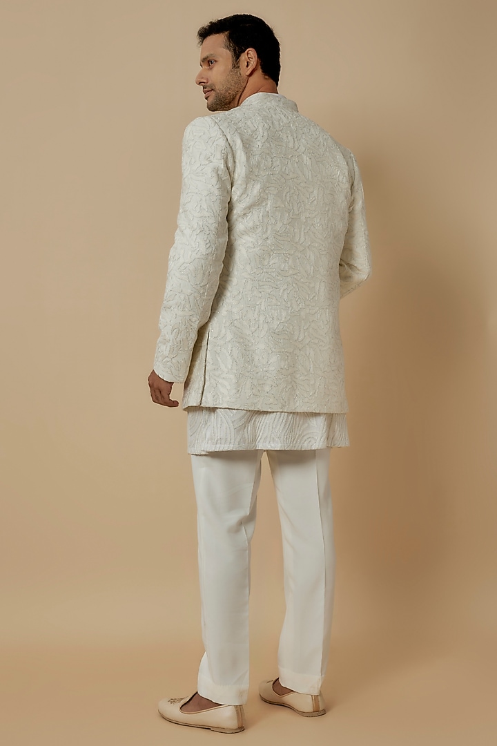 White Silk Thread Work Wedding Indowestern Set by Nero By Shaifali & Satya at Pernia's Pop Up Shop