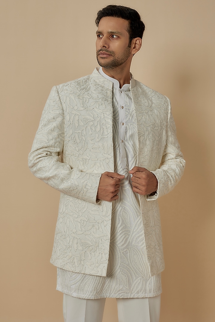 White Silk Thread Work Wedding Indowestern Set by Nero By Shaifali & Satya at Pernia's Pop Up Shop