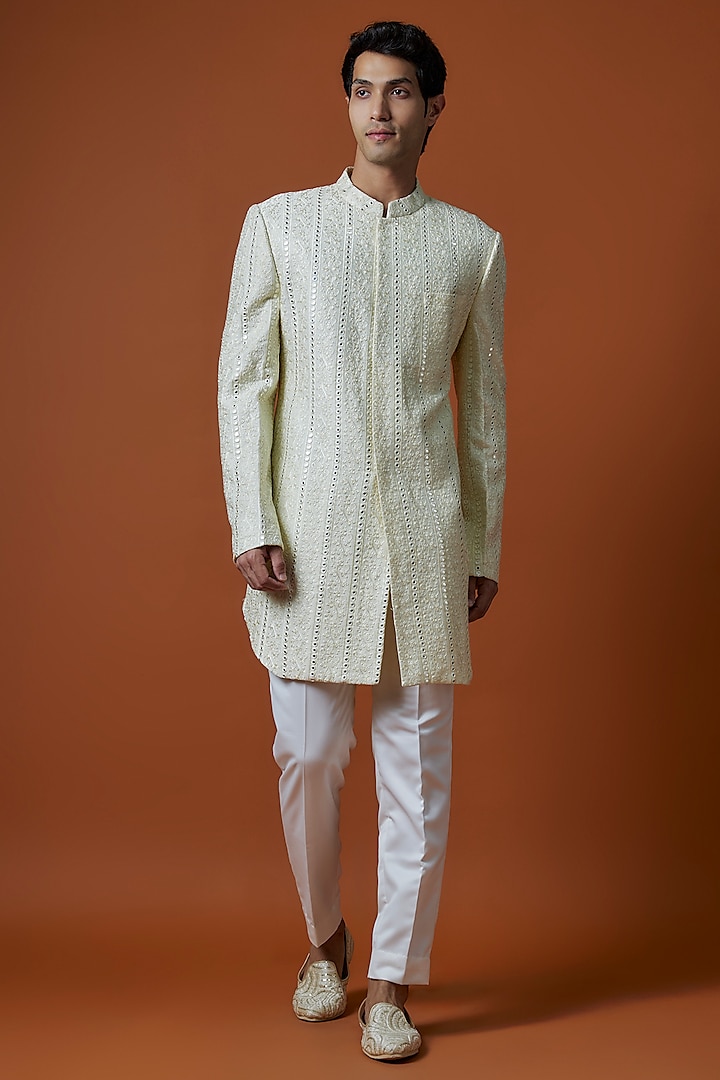 Yellow Silk Thread & Mirror Work Sherwani Set by Nero by Shaifali & Satya