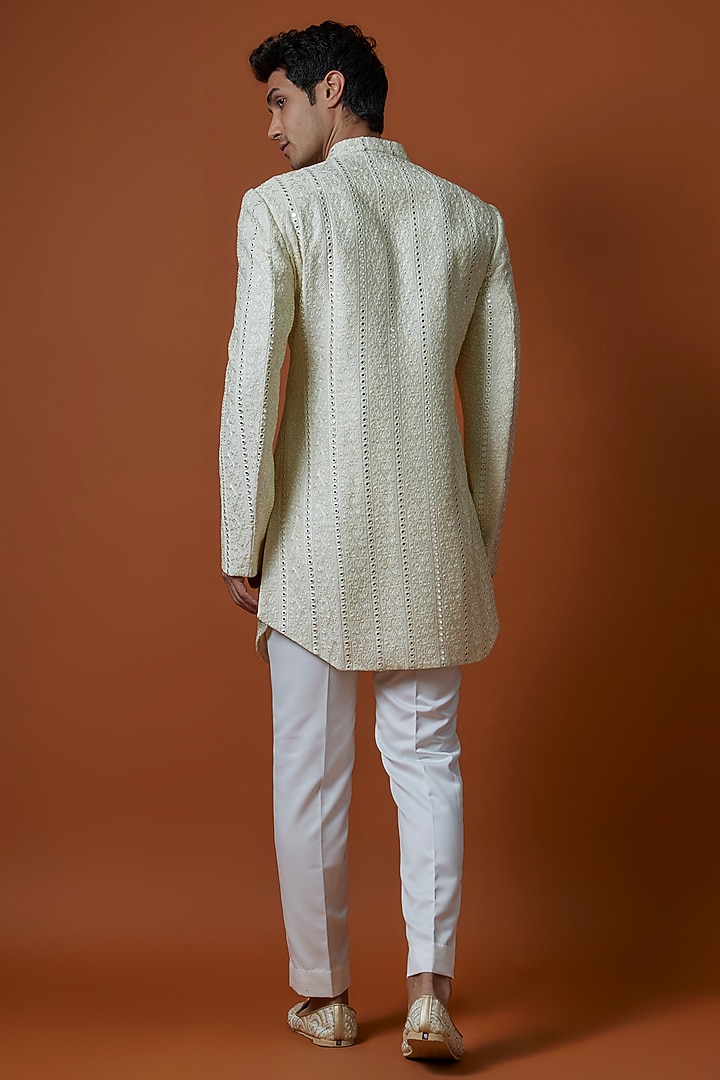 Yellow Silk Thread & Mirror Work Wedding Sherwani Set by Nero by Shaifali & Satya at Pernia's Pop Up Shop
