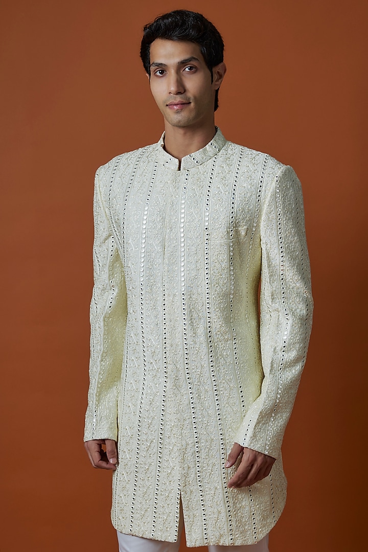 Yellow Silk Thread & Mirror Work Wedding Sherwani Set by Nero by Shaifali & Satya at Pernia's Pop Up Shop