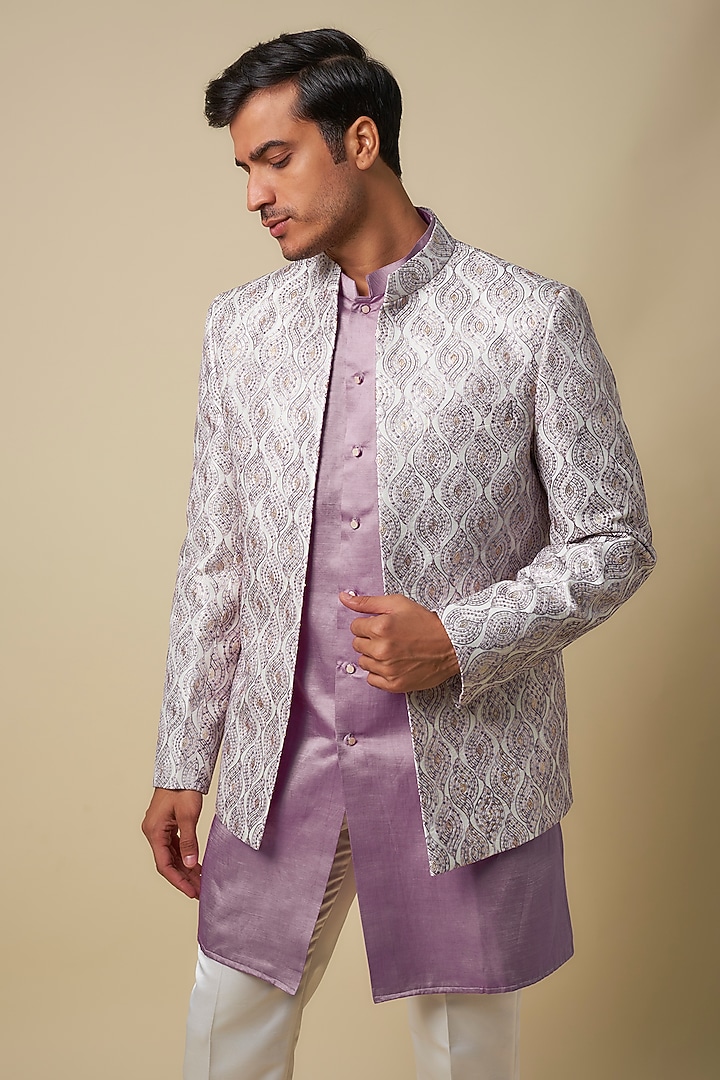 Purple Silk Thread Embroidered Indo-Western Set by Nero by Shaifali & Satya at Pernia's Pop Up Shop