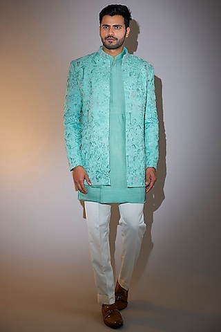 Blue Silk Thread Hand Work Indowestern Set by Nero By Shaifali & Satya