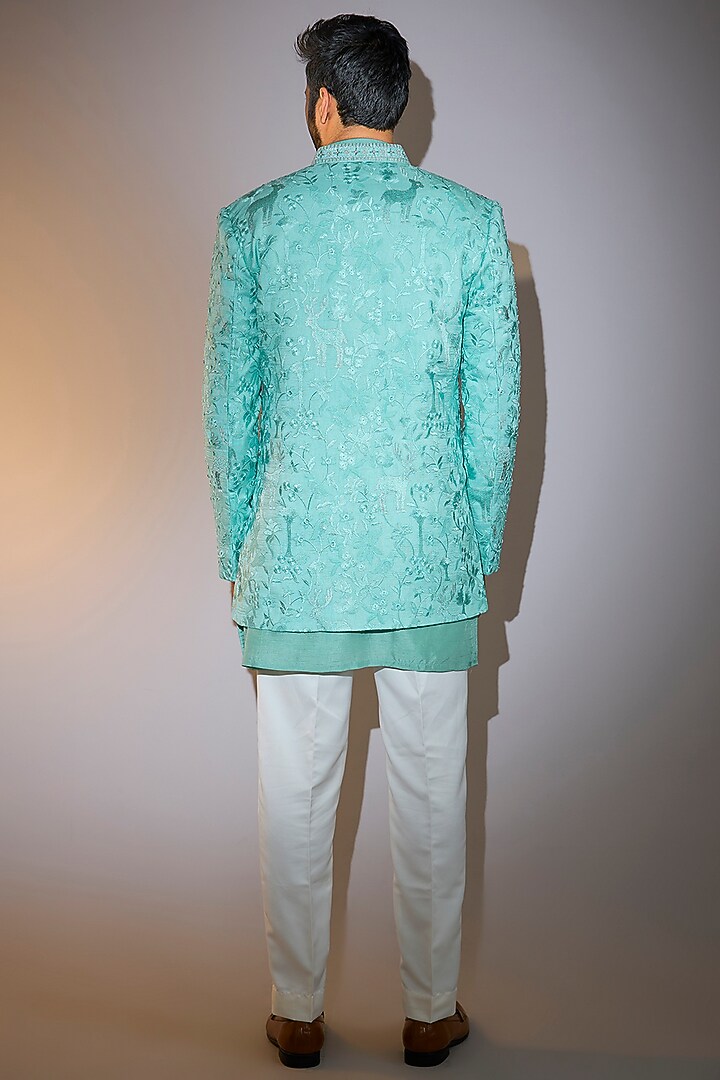 Blue Silk Thread Hand Work Wedding Indowestern Set by Nero By Shaifali & Satya at Pernia's Pop Up Shop