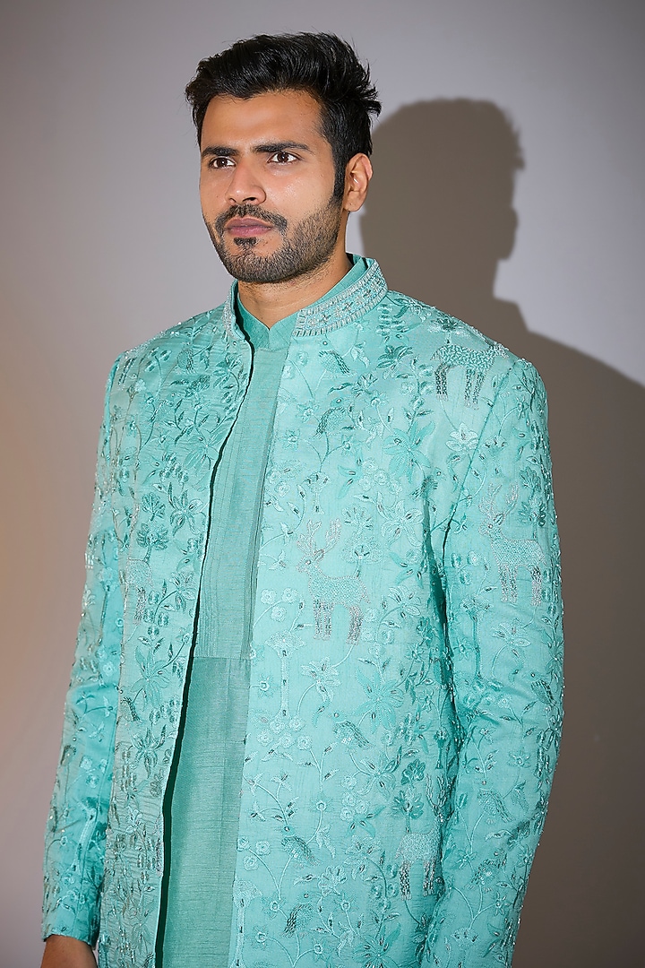 Blue Silk Thread Hand Work Wedding Indowestern Set by Nero By Shaifali & Satya at Pernia's Pop Up Shop