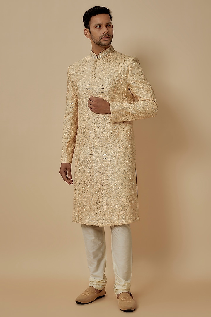 Beige Lucknowi Chikankari Embroidered Sherwani Set by Nero by Shaifali & Satya