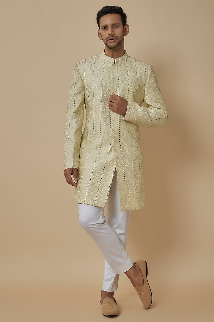 Yellow Silk Mirror Work Nawabi Wedding Sherwani Set by Nero by Shaifali & Satya at Pernia's Pop Up Shop