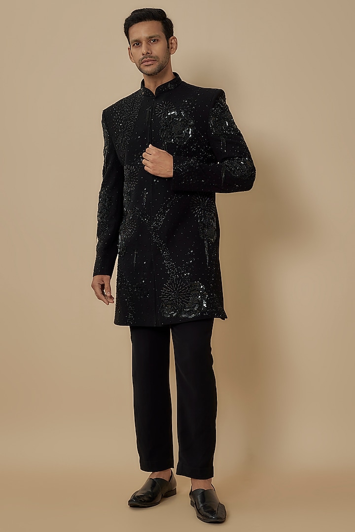 Black Suiting Cutdana & Sequins Hand Work Nawabi Wedding Sherwani Set by Nero by Shaifali & Satya at Pernia's Pop Up Shop