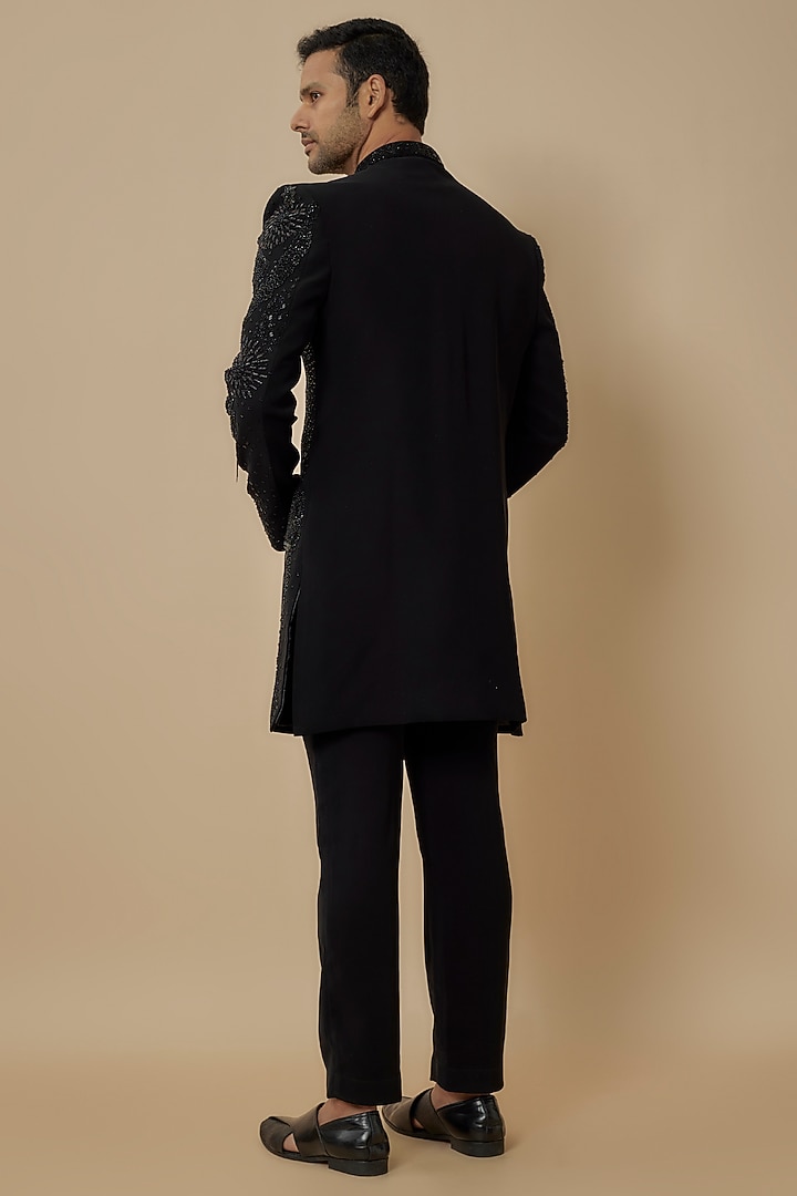 Black Suiting Cutdana & Sequins Hand Work Nawabi Wedding Sherwani Set by Nero by Shaifali & Satya at Pernia's Pop Up Shop