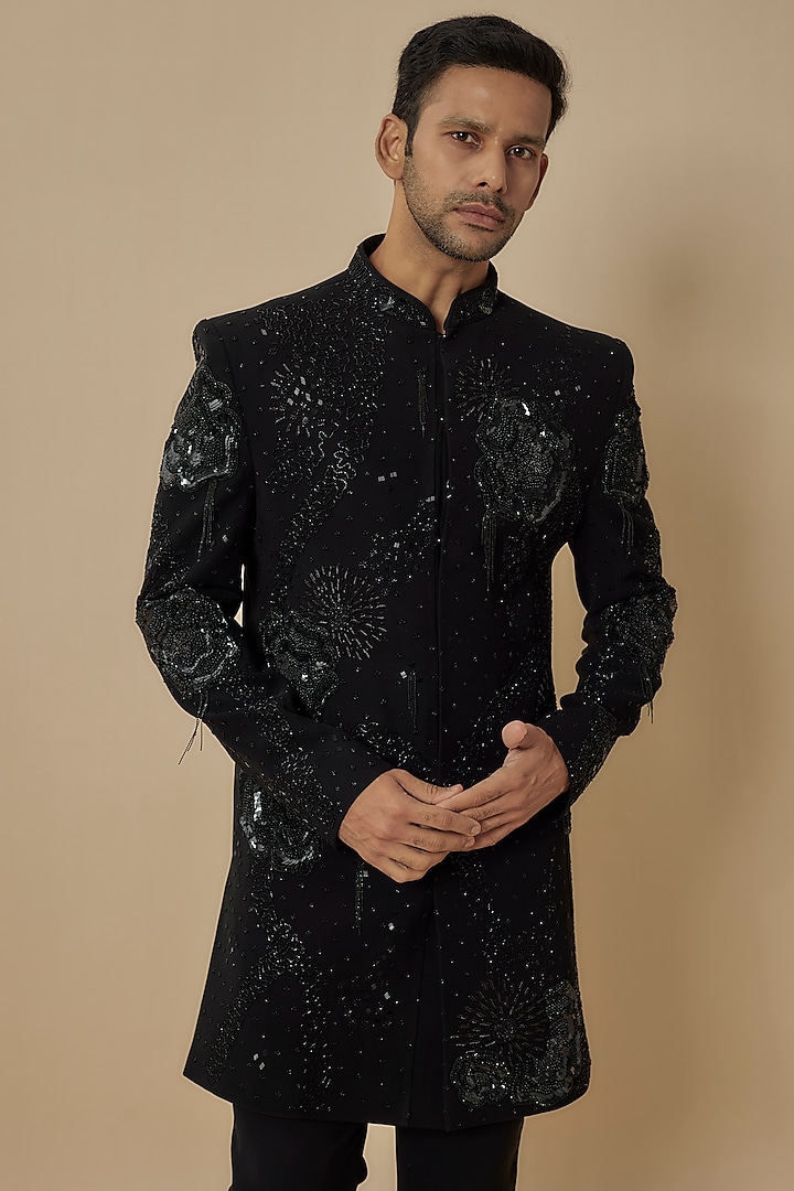 Black Suiting Cutdana & Sequins Hand Work Nawabi Wedding Sherwani Set by Nero by Shaifali & Satya at Pernia's Pop Up Shop