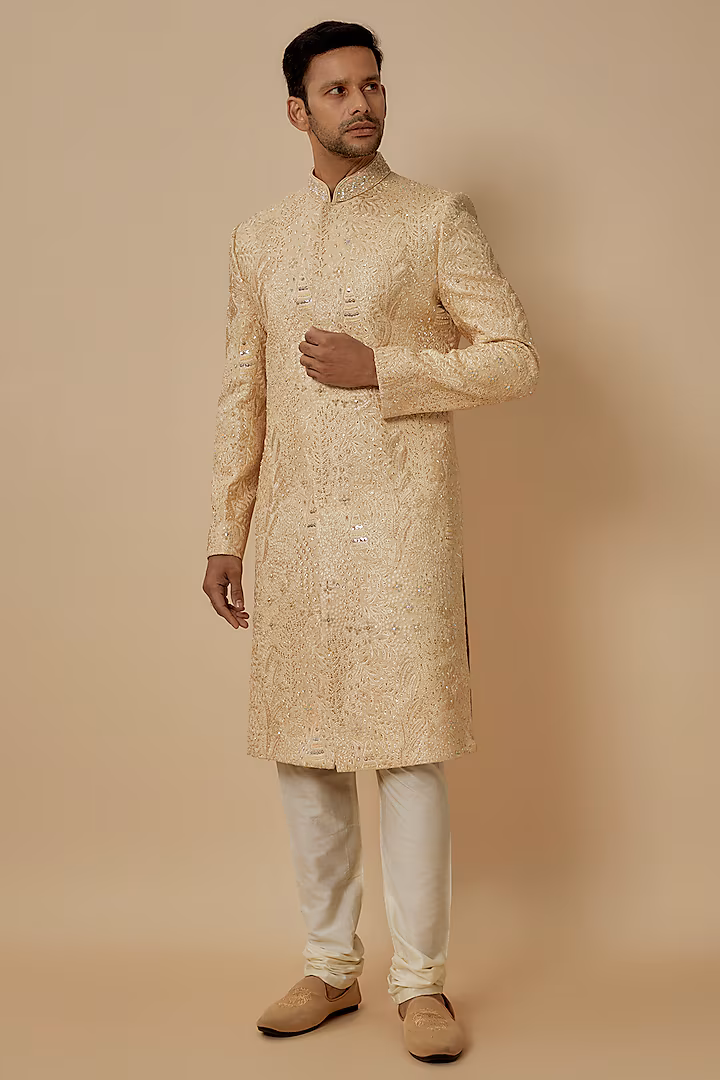 Beige Lucknowi Chikankari Embroidered Sherwani Set by Nero By Shaifali & Satya