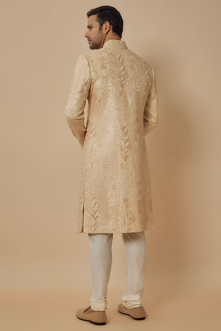 Beige Lucknowi Chikankari Embroidered Groom Sherwani Set by Nero By Shaifali & Satya at Pernia's Pop Up Shop