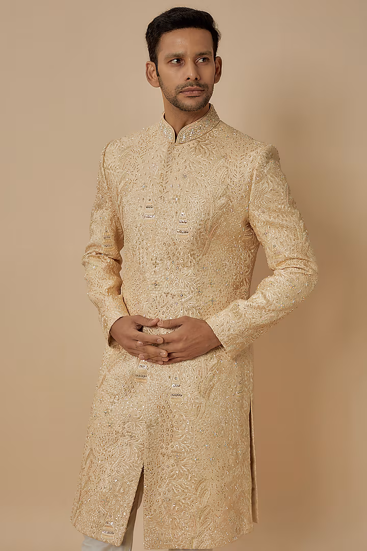 Beige Lucknowi Chikankari Embroidered Groom Sherwani Set by Nero By Shaifali & Satya at Pernia's Pop Up Shop