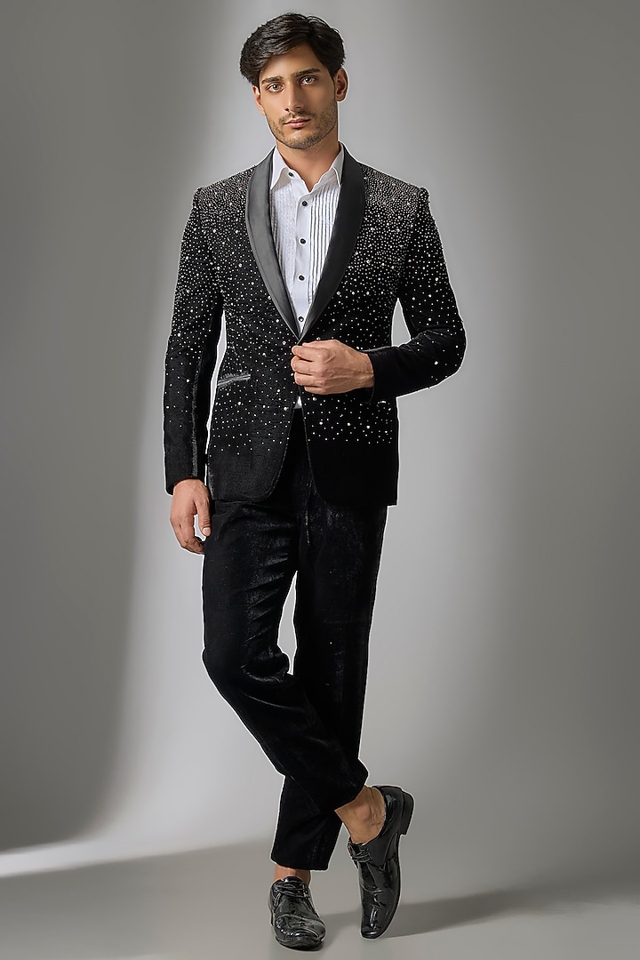 Black Velvet Handwork Tuxedo Set by Nero by Shaifali & Satya at Pernia's Pop Up Shop