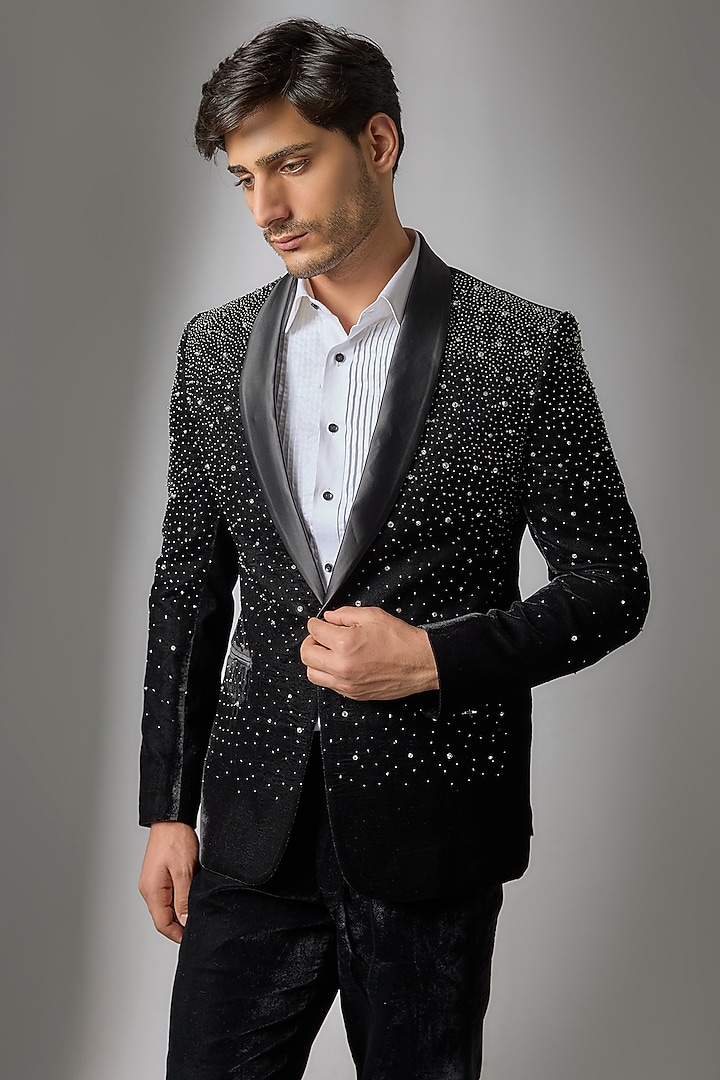 Black Velvet Handwork Tuxedo Set by Nero by Shaifali & Satya at Pernia's Pop Up Shop