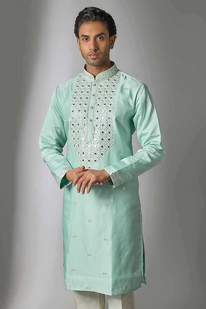 Green Silk Mirror Work Kurta Set by Nero by Shaifali & Satya at Pernia's Pop Up Shop