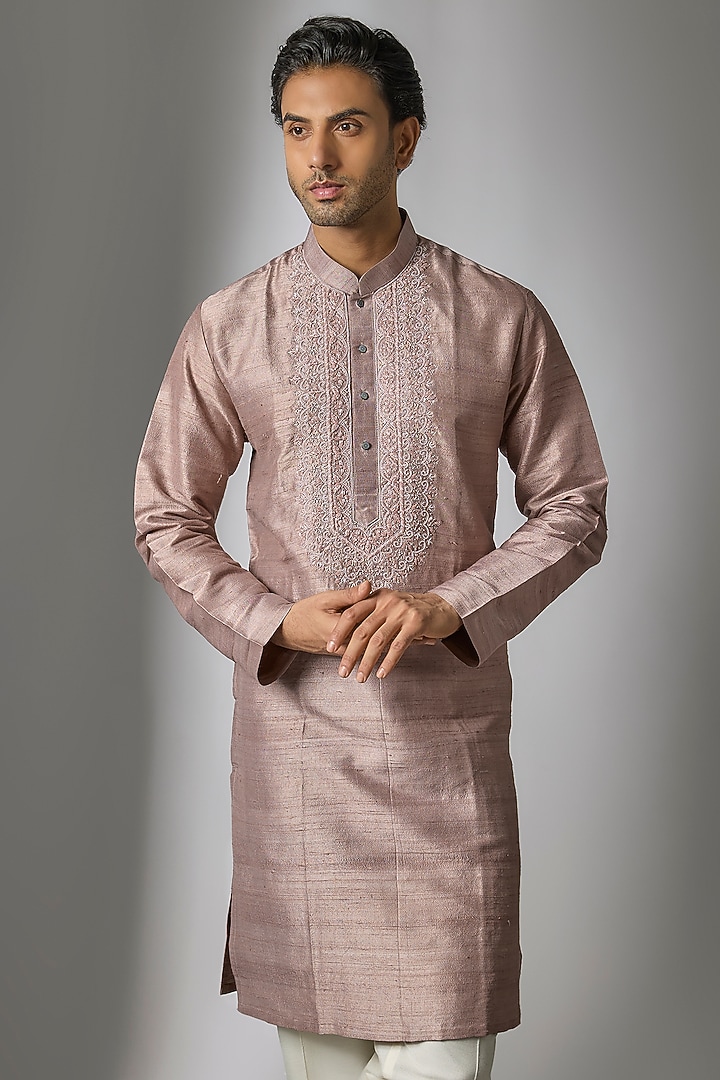 Pink Raw Silk Handwork Kurta Set by Nero by Shaifali & Satya at Pernia's Pop Up Shop