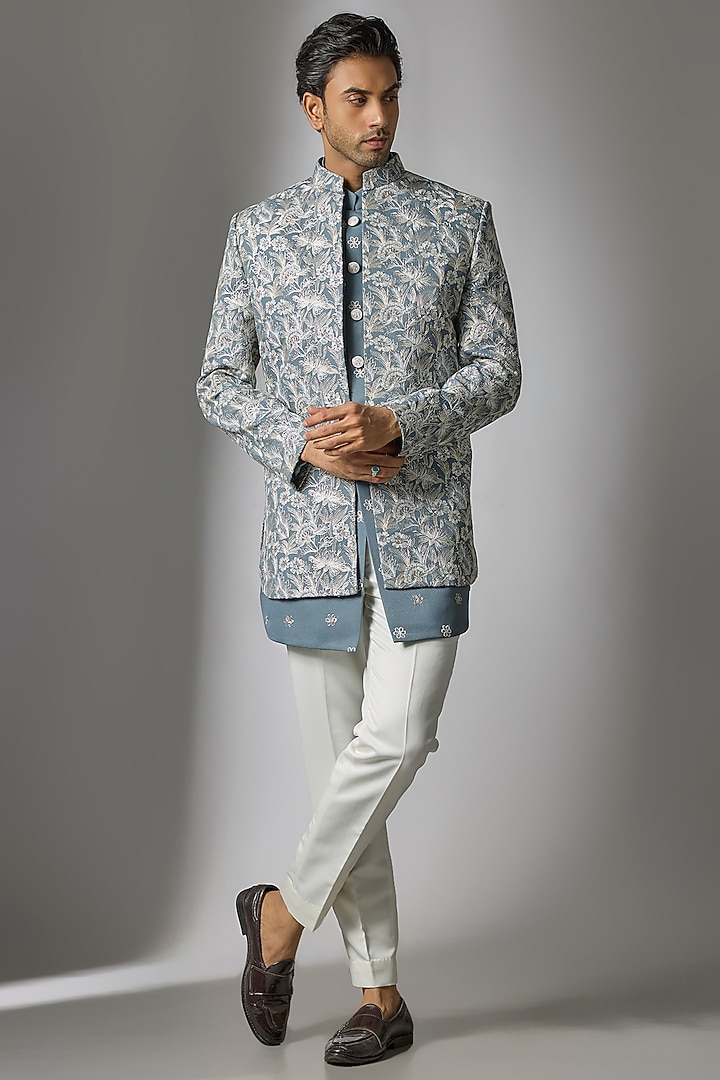 Blue Silk Threadwork Open Jacket Set by Nero by Shaifali & Satya at Pernia's Pop Up Shop