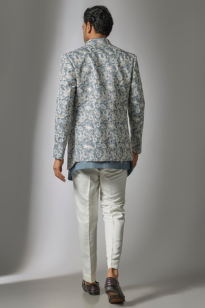 Blue Silk Threadwork Open Jacket Set by Nero by Shaifali & Satya at Pernia's Pop Up Shop