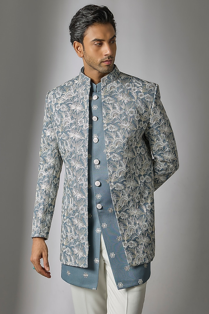 Blue Silk Threadwork Open Jacket Set by Nero by Shaifali & Satya at Pernia's Pop Up Shop