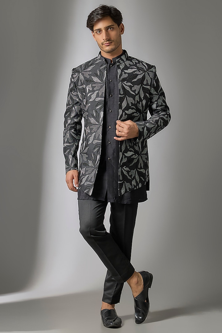 Black Silk Threadwork Open Jacket Set by Nero by Shaifali & Satya at Pernia's Pop Up Shop