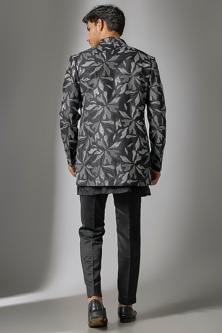 Black Silk Threadwork Open Jacket Set by Nero by Shaifali & Satya at Pernia's Pop Up Shop