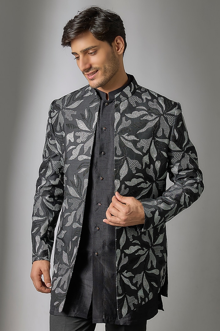Black Silk Threadwork Open Jacket Set by Nero by Shaifali & Satya at Pernia's Pop Up Shop