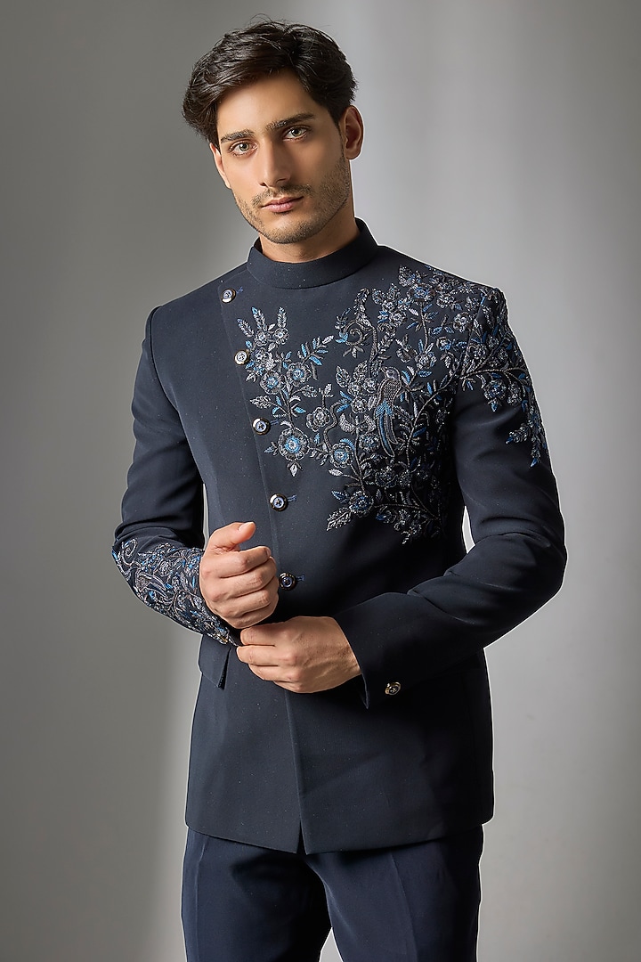 Blue Boomario Handwork Jodhpuri Set by Nero by Shaifali & Satya at Pernia's Pop Up Shop
