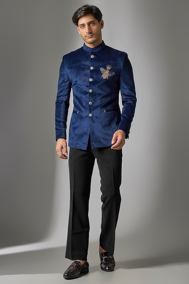 Blue Suede Handwork Jodhpuri Set by Nero by Shaifali & Satya