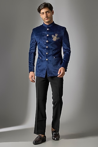 Blue Suede Handwork Jodhpuri Set by Nero by Shaifali & Satya