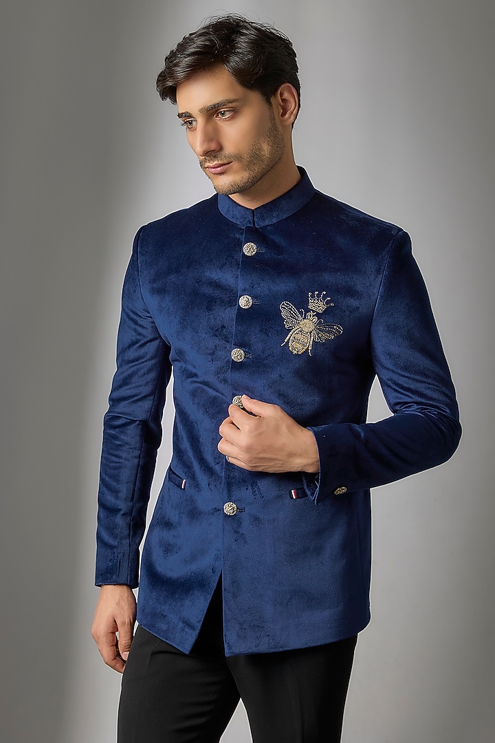 Blue Suede Handwork Jodhpuri Set by Nero by Shaifali & Satya at Pernia's Pop Up Shop
