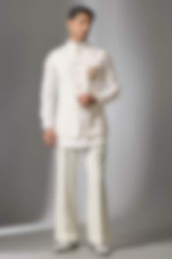 White Linen Handwork Bundi Jacket Set by Nero by Shaifali & Satya