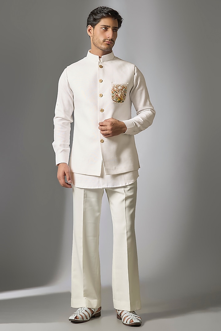 White Linen Handwork Bundi Jacket Set by Nero by Shaifali & Satya