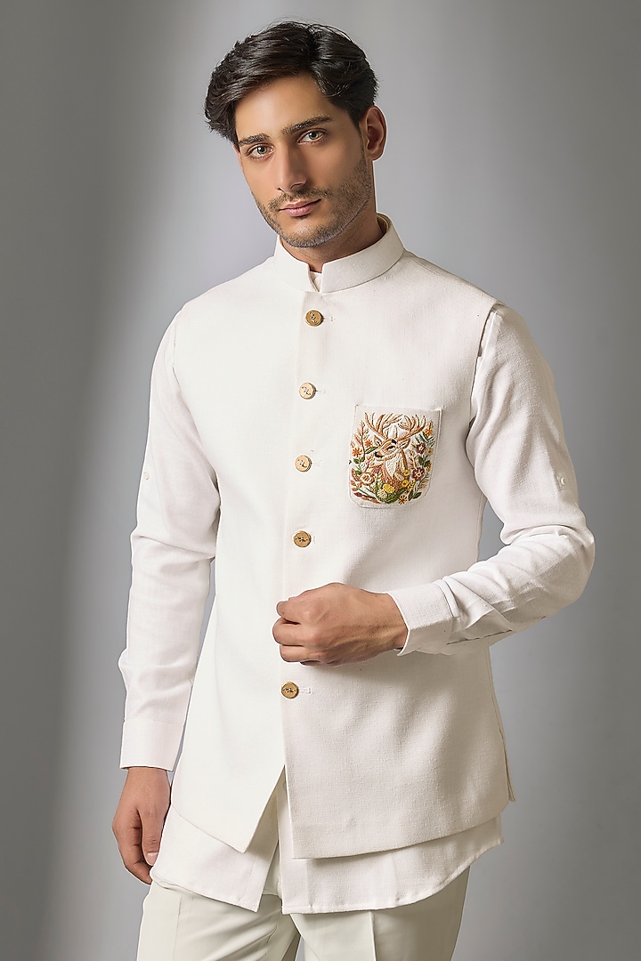 White Linen Handwork Bundi Jacket Set by Nero by Shaifali & Satya at Pernia's Pop Up Shop