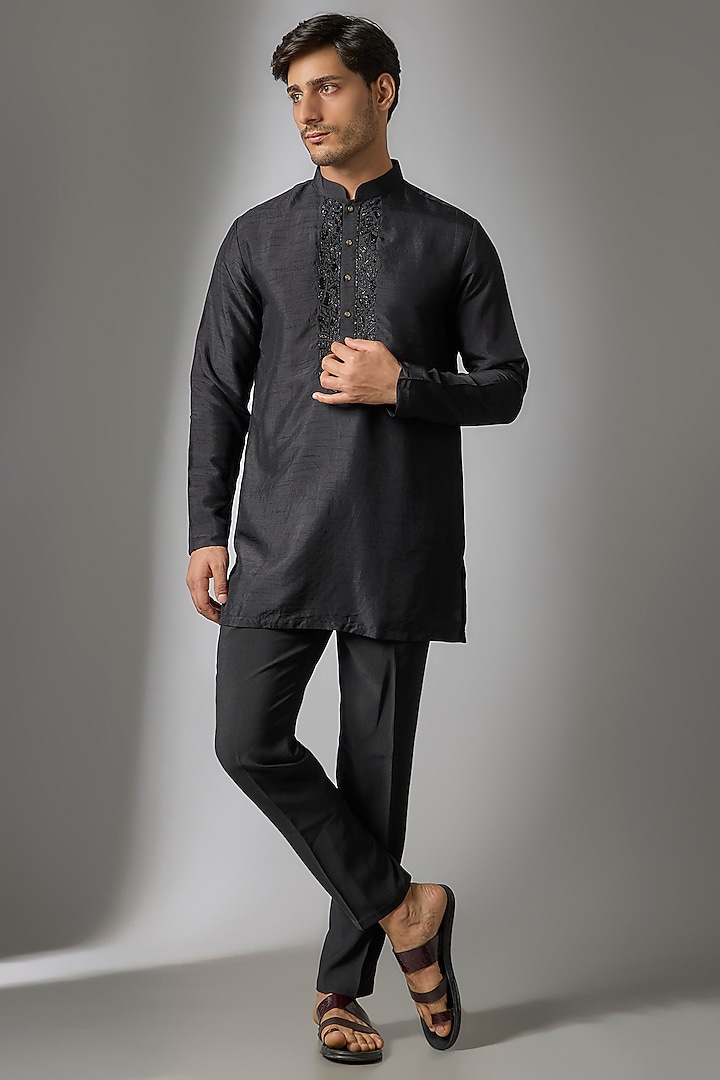 Black Silk Handwork Kurta Set by Nero by Shaifali & Satya at Pernia's Pop Up Shop