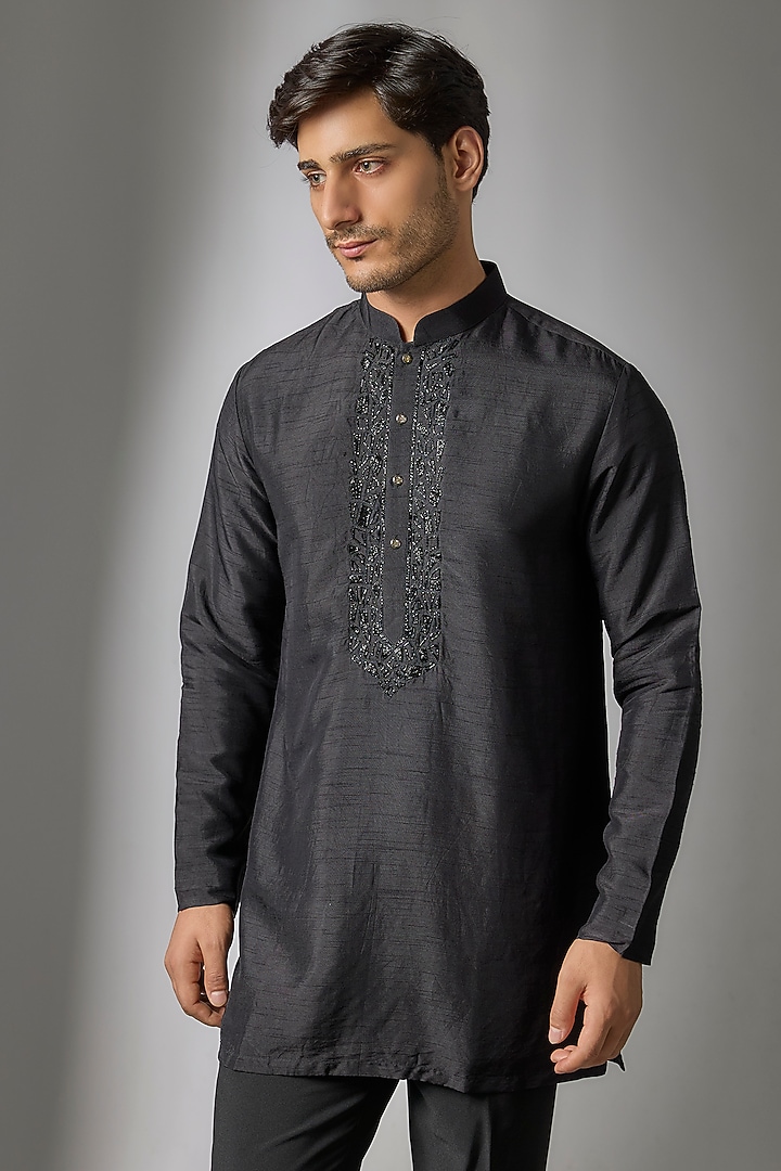 Black Silk Handwork Kurta Set by Nero by Shaifali & Satya at Pernia's Pop Up Shop