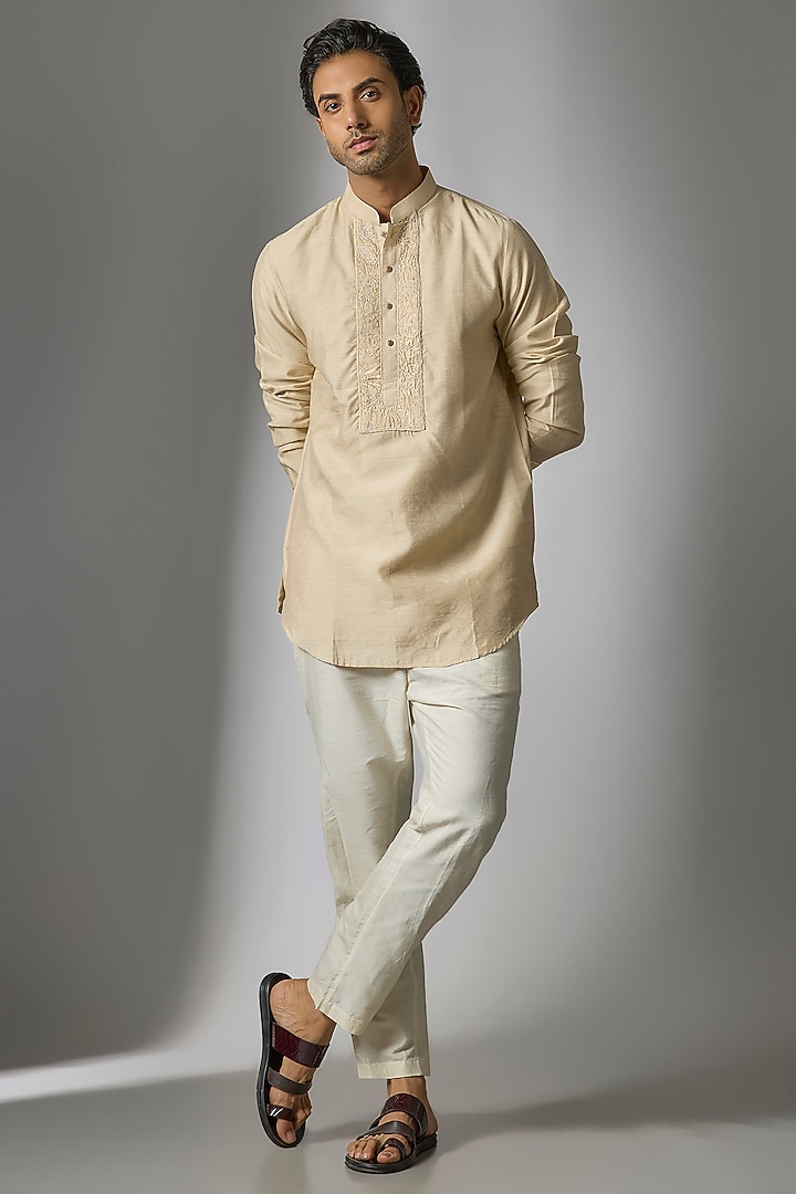 Beige Silk Handwork Kurta Set by Nero by Shaifali & Satya