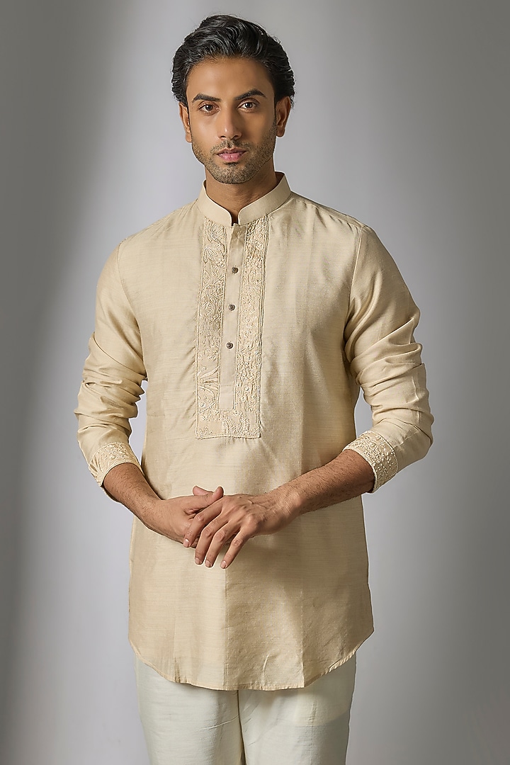 Beige Silk Handwork Kurta Set by Nero by Shaifali & Satya at Pernia's Pop Up Shop