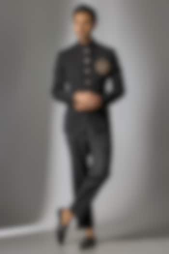 Black Suiting Handwork Jodhpuri Set by Nero by Shaifali & Satya