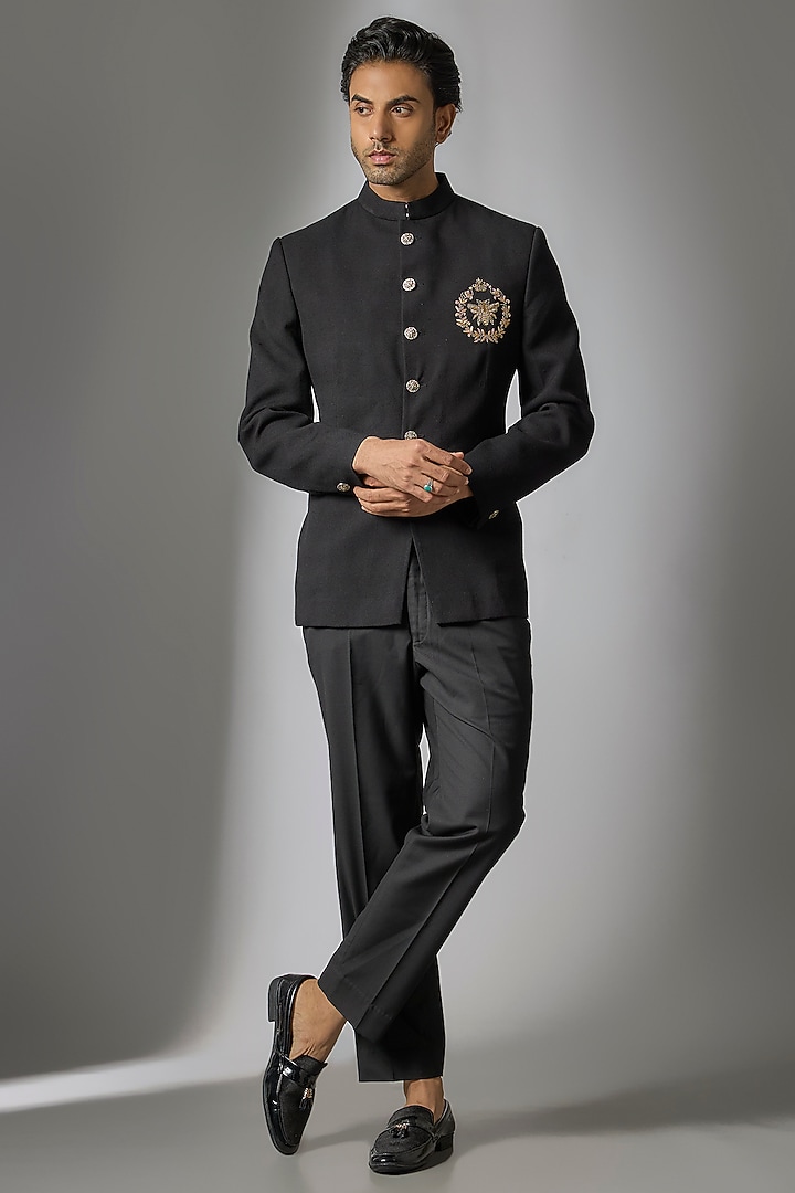 Black Suiting Handwork Jodhpuri Set by Nero by Shaifali & Satya