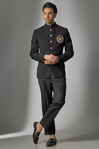 Black Suiting Handwork Jodhpuri Set by Nero by Shaifali & Satya