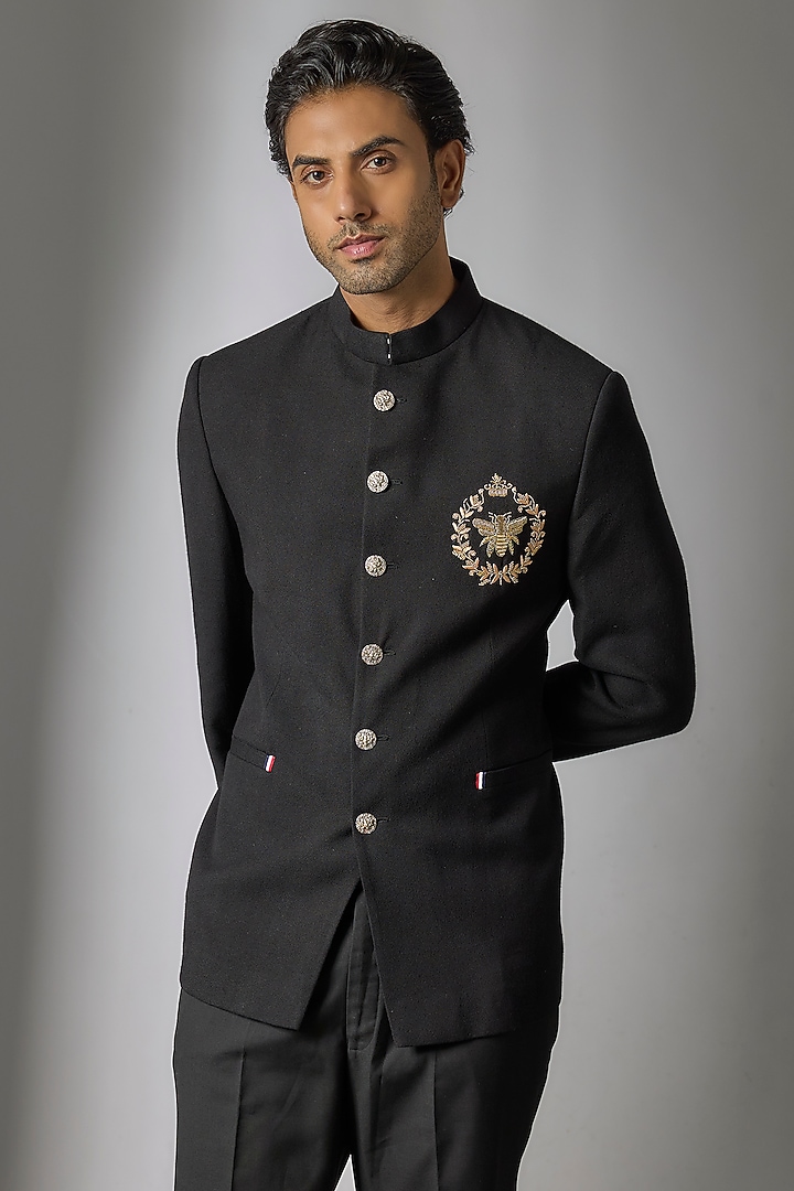 Black Suiting Handwork Jodhpuri Set by Nero by Shaifali & Satya at Pernia's Pop Up Shop
