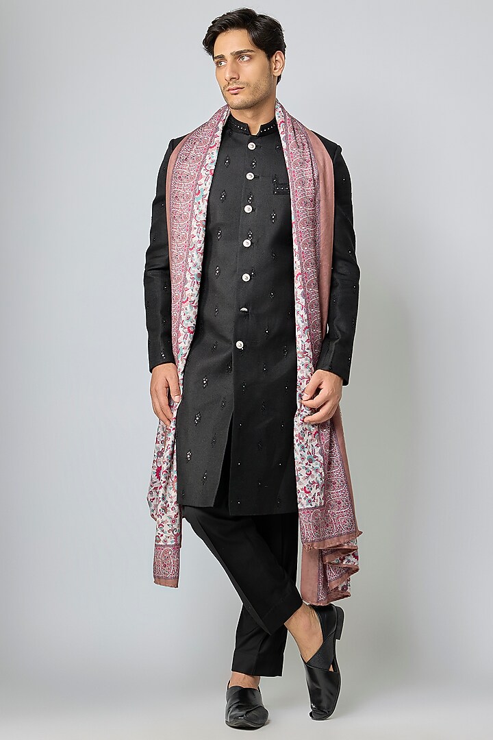 Black Linen Threadwork Kurta Set by Nero By Shaifali & Satya at Pernia's Pop Up Shop