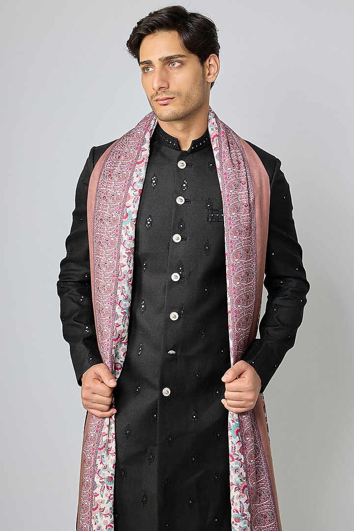 Black Linen Threadwork Kurta Set by Nero By Shaifali & Satya at Pernia's Pop Up Shop